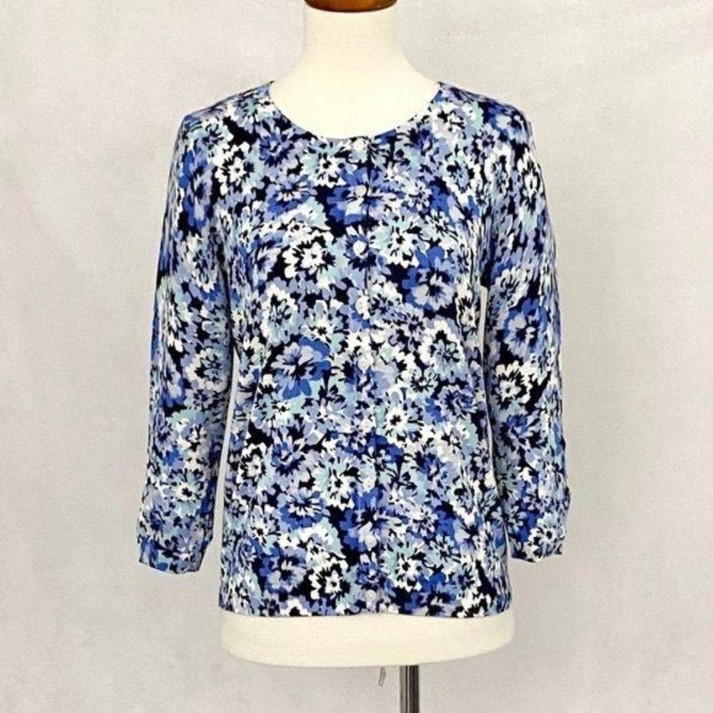 Talbots Blue Floral Cotton Blend Charming Cardigan